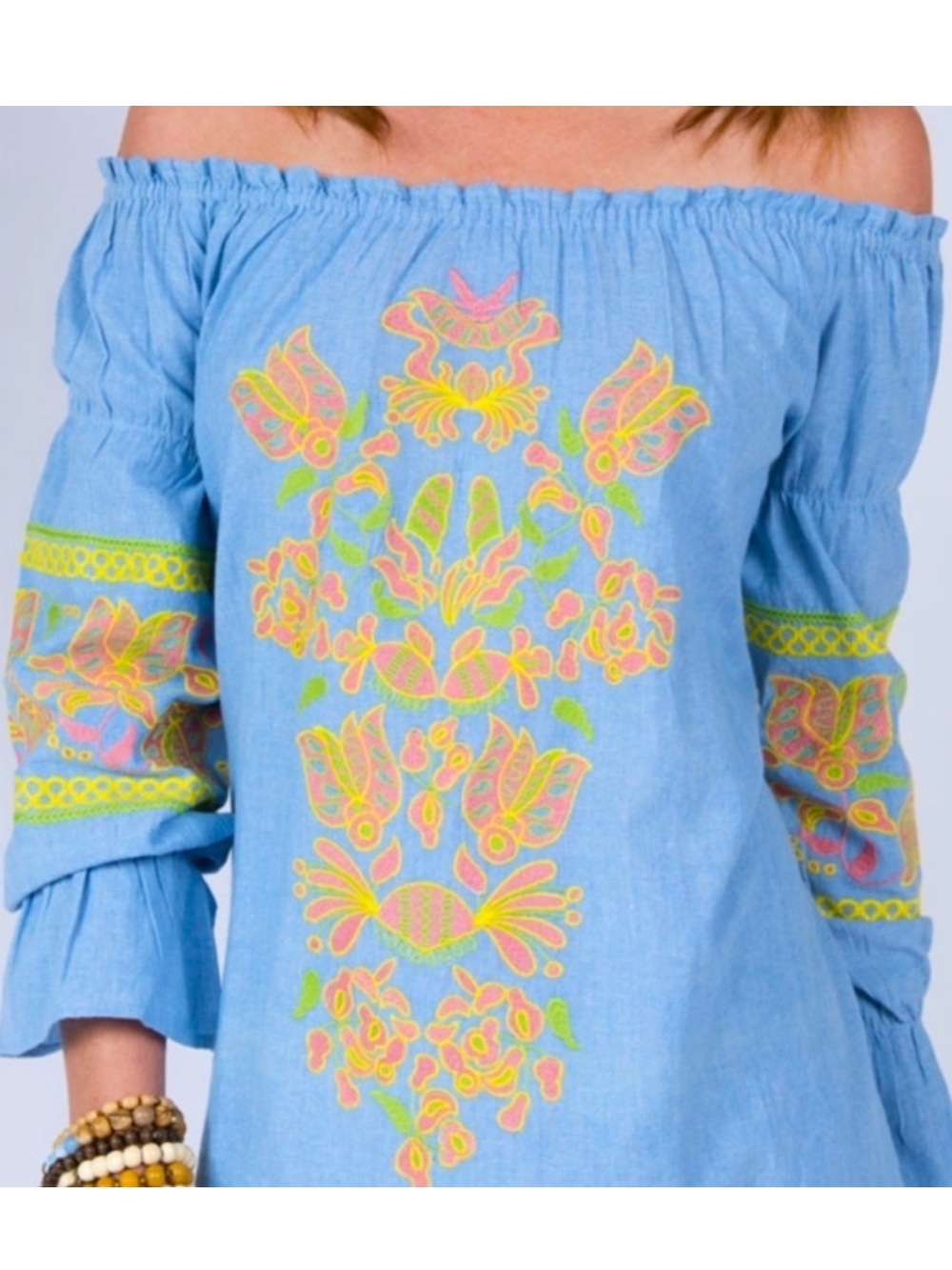 Ivy Jane Floral Embroidered Off Shoulder Chambray Shift Dress XL denim cotton